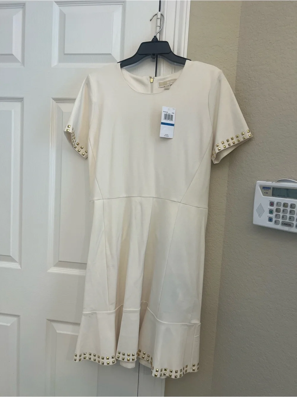 Michael Kors Cream Mini Fit-and-Flare Dress with Gold Studs